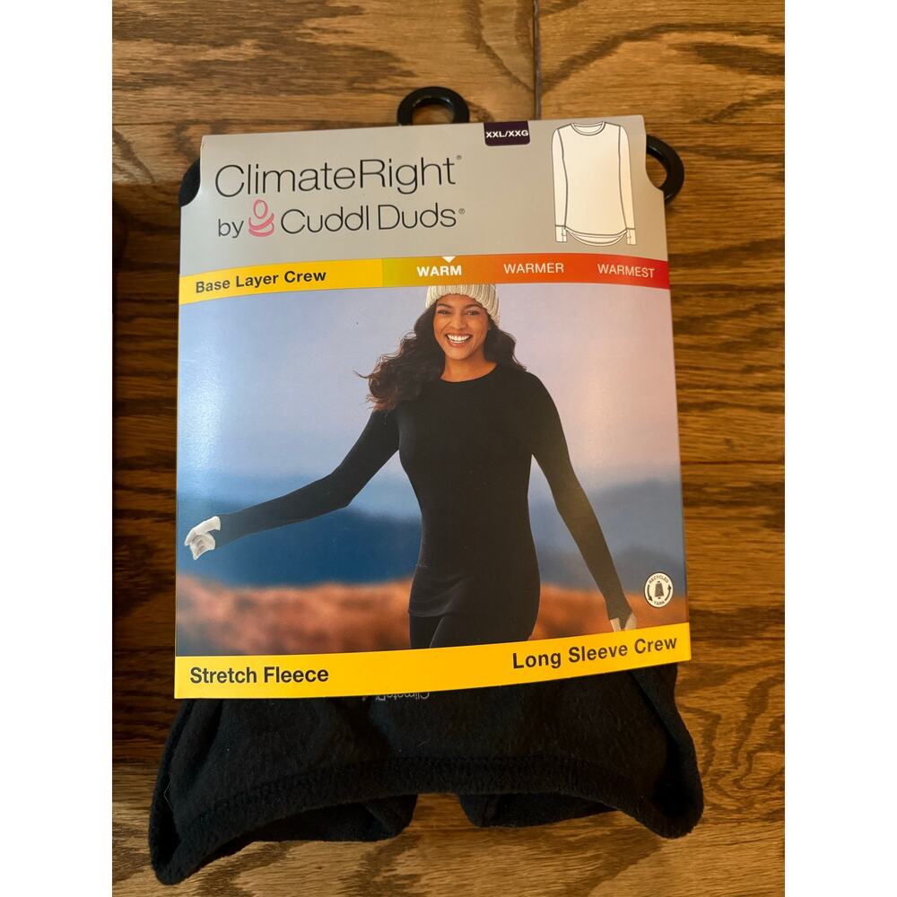 Cuddl Duds ClimateRight Womens XXL Base Layer Crew Top Black Stretch Fleece NEW